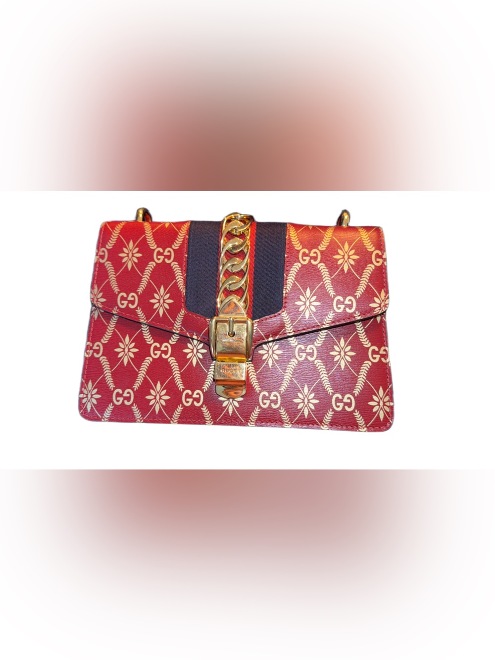 GUCCI Sylvie Sherry Line GG Pattern Shoulder Bag Leather Women's Red Multicolor